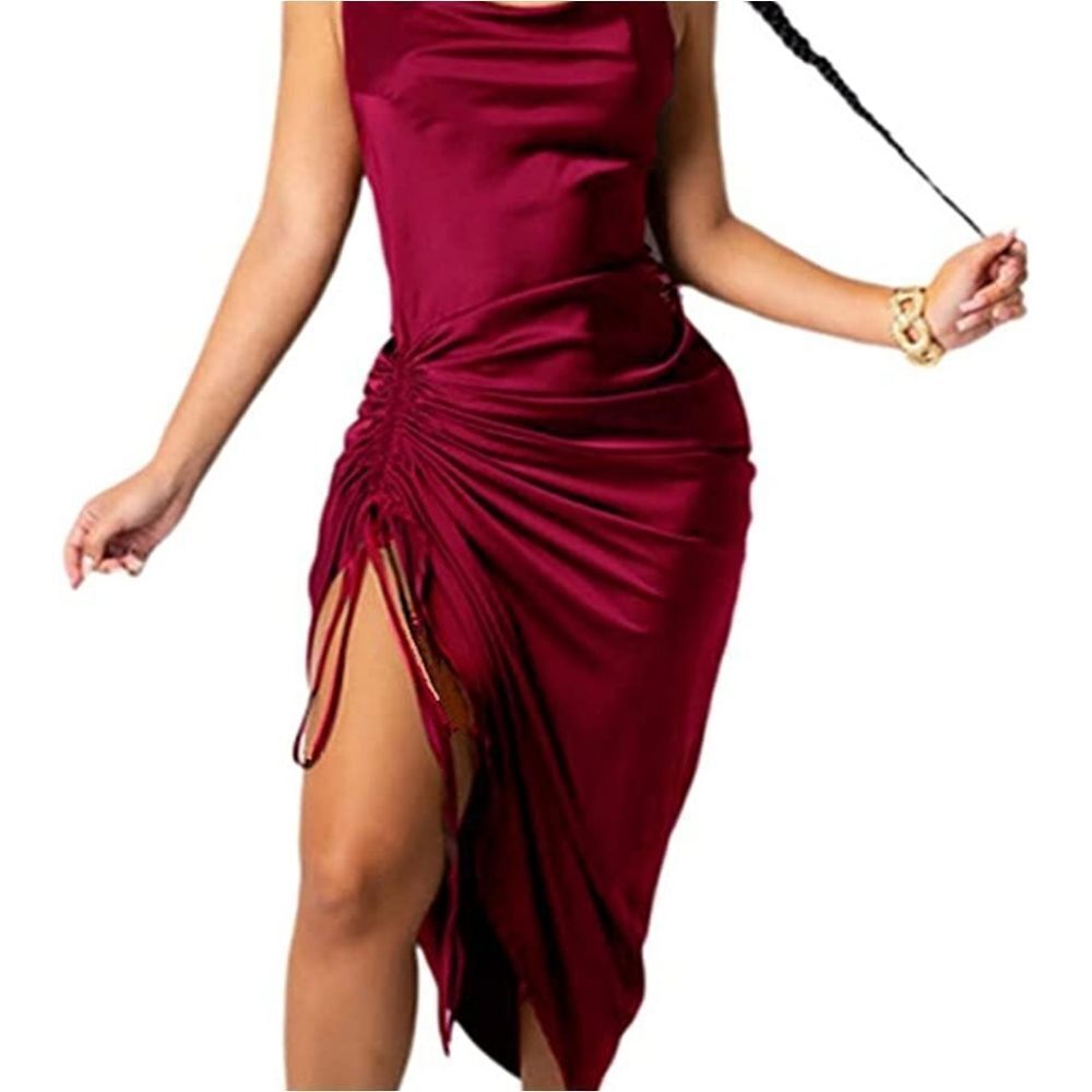 sateen Medium Sleeveless Spaghetti Strap Dress with Side Slit Midi Length